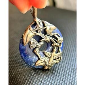 Vintage Lapis Donut Pendant Silver Tone Birds & Florals Artisan Necklace